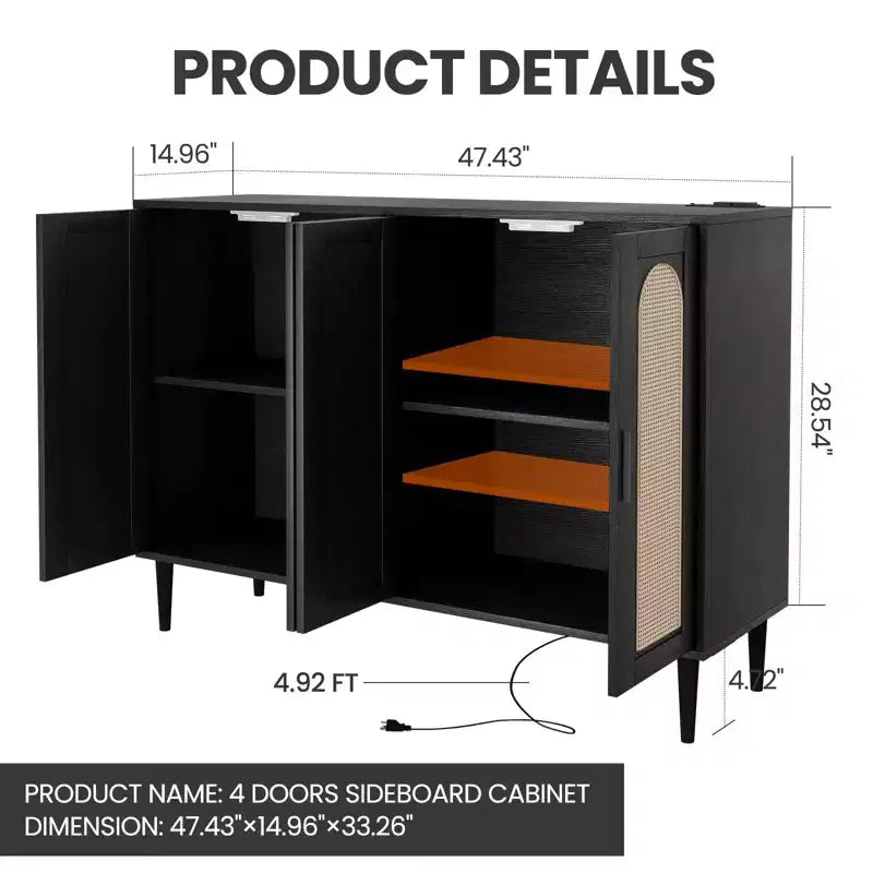 Buffet Garvee en rotin, meuble de rangement à 4 portes, console de bar à café, étagères réglables pour cuisine, couloir, salon