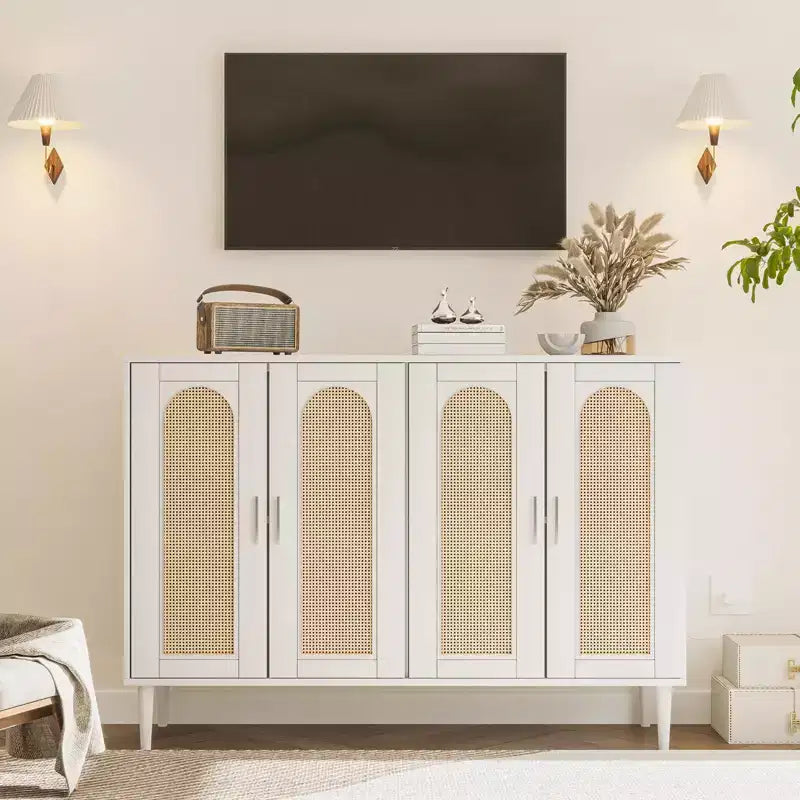 Buffet Garvee en rotin, meuble de rangement à 4 portes, console de bar à café, étagères réglables pour cuisine, couloir, salon