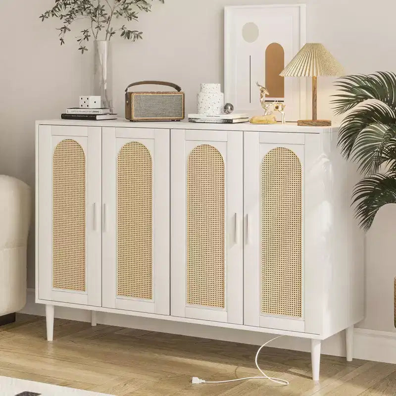 Buffet Garvee en rotin, meuble de rangement à 4 portes, console de bar à café, étagères réglables pour cuisine, couloir, salon