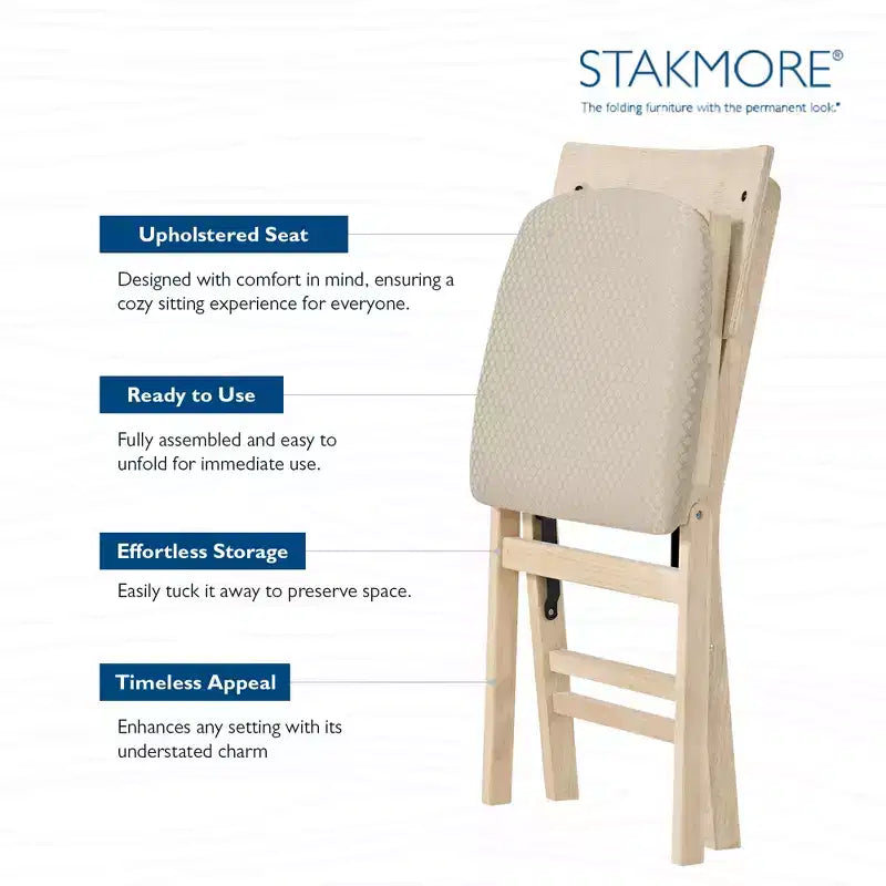 Stakmore Aztec Chaise pliante de salle à manger incurvée en bois massif de qualité supérieure avec siège rembourré en tissu, lot de 2, inachevé