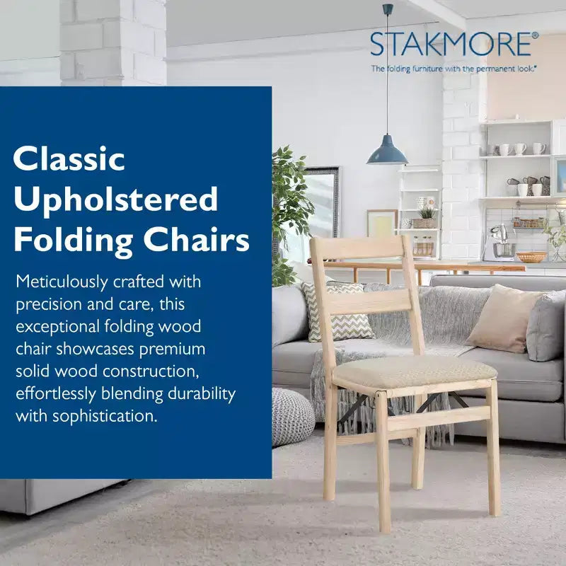 Stakmore Classic Premium - Ensemble de 2 chaises pliantes en bois massif, avec siège rembourré en tissu, inachevées