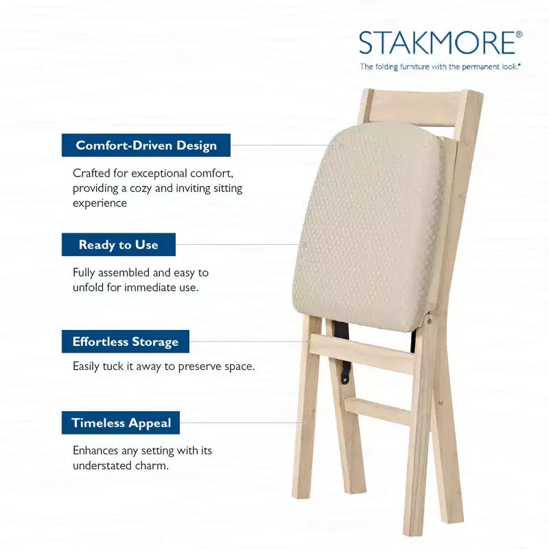 Stakmore Classic Premium - Ensemble de 2 chaises pliantes en bois massif, avec siège rembourré en tissu, inachevées