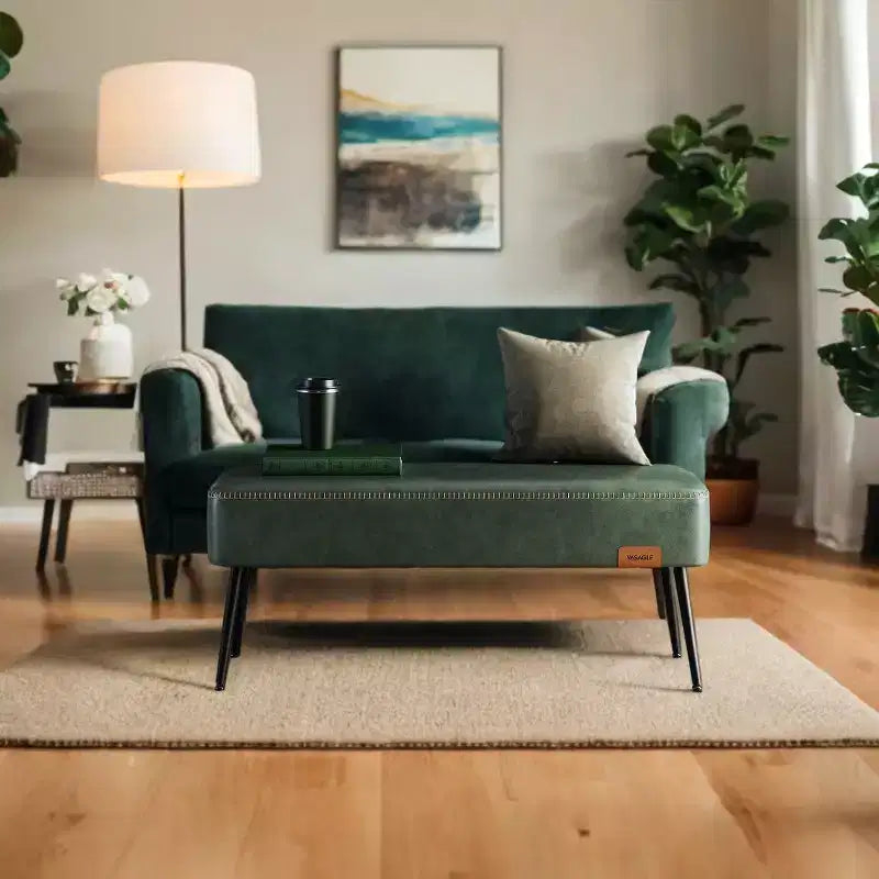 Banc pour entrée et chambre à coucher, banc de bout de lit, pouf de rangement en cuir synthétique avec surpiqûres, supporte 300 kg