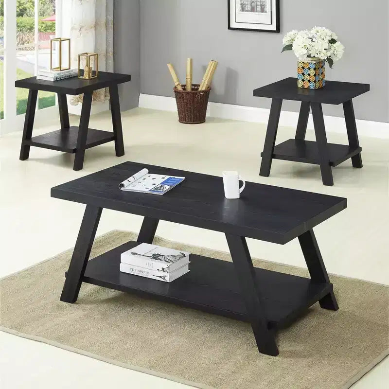 Roundhill Furniture Athens Contemporary Replicated Wood Shelf Coffee Set Table in Black Finish