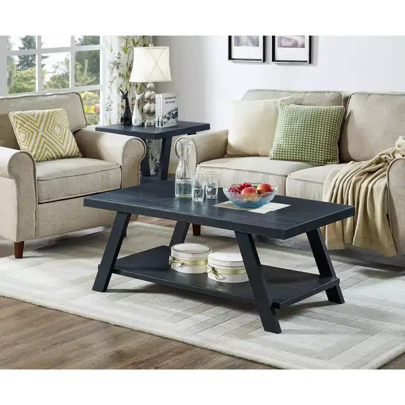 Table basse avec étagère en bois répliqué contemporain Roundhill Furniture Athens, finition noire
