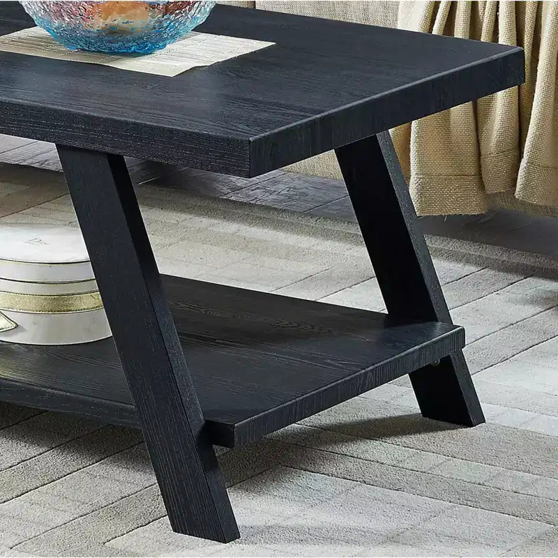 Table basse avec étagère en bois répliqué contemporain Roundhill Furniture Athens, finition noire