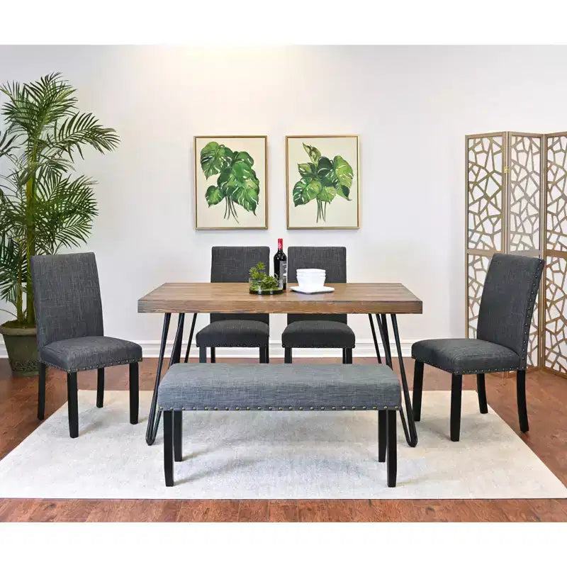 Ensemble de salle à manger Roundhill Furniture Amisos, table à manger avec pieds épingle, 4 chaises et banc rembourré, 6 pièces