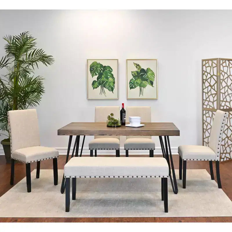 Ensemble de salle à manger Roundhill Furniture Amisos, table à manger avec pieds épingle, 4 chaises et banc rembourré, 6 pièces