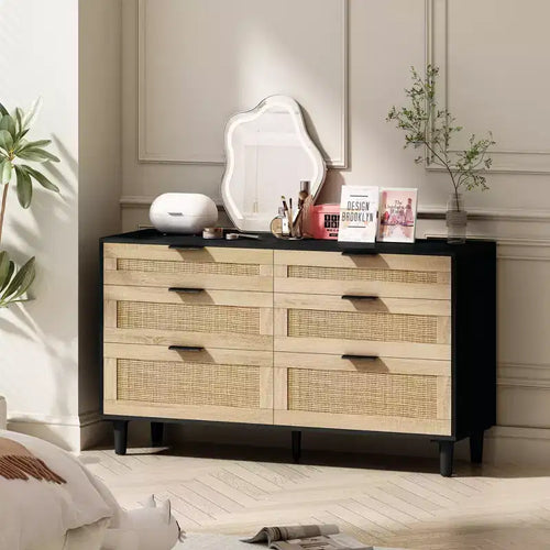 51.18/59.06W Rattan Dresser with 6 Drawers, Storage Cabinet with Metal Handle & Wood Legs - ModernLuxe