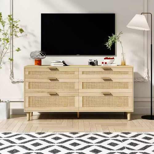 Commode en rotin 51.18/59.06W à 6 tiroirs, meuble de rangement avec poignée en métal et pieds en bois - ModernLuxe