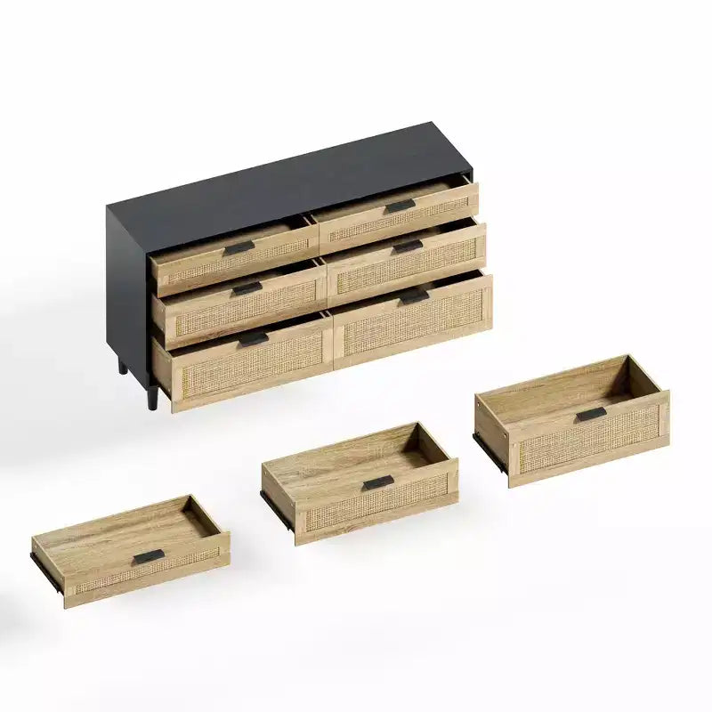 Commode en rotin 51.18/59.06W à 6 tiroirs, meuble de rangement avec poignée en métal et pieds en bois - ModernLuxe
