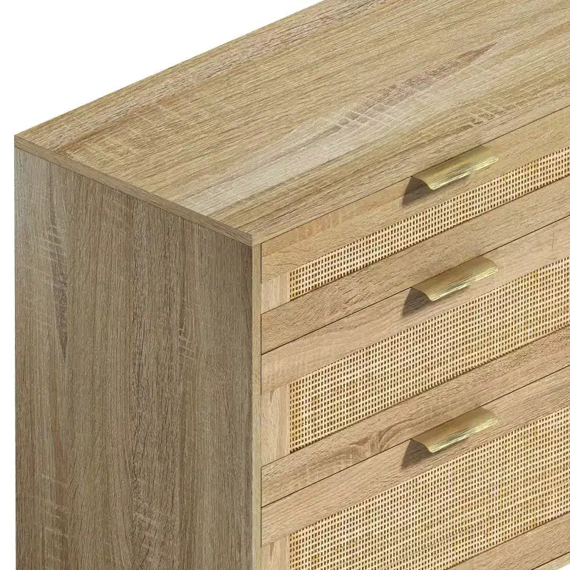 Commode en rotin 51.18/59.06W à 6 tiroirs, meuble de rangement avec poignée en métal et pieds en bois - ModernLuxe
