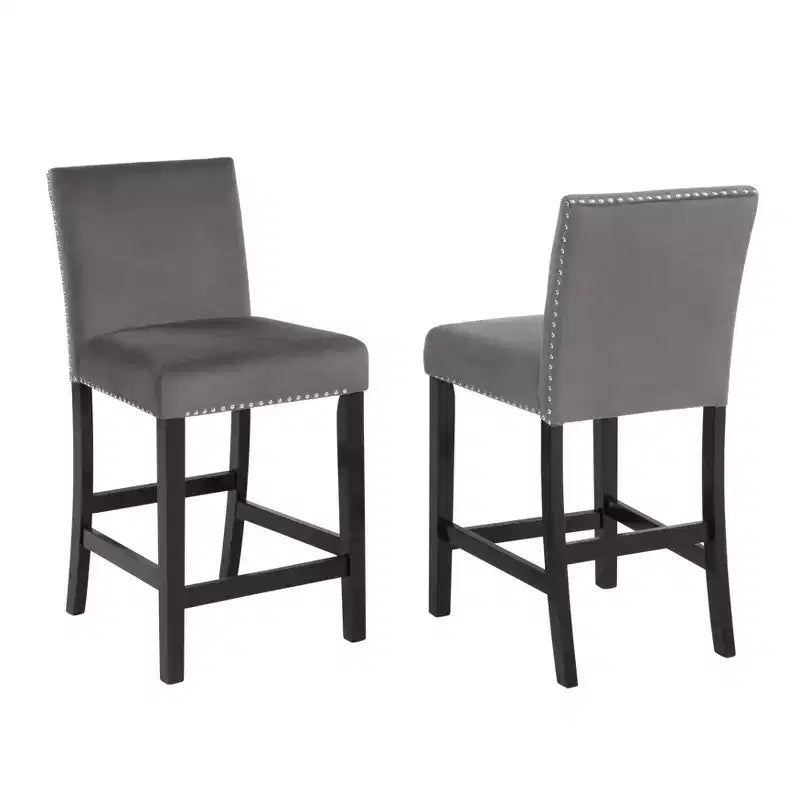 Tabouret de comptoir contemporain en velours Roundhill Furniture Cobre avec garniture cloutée, gris, lot de 2