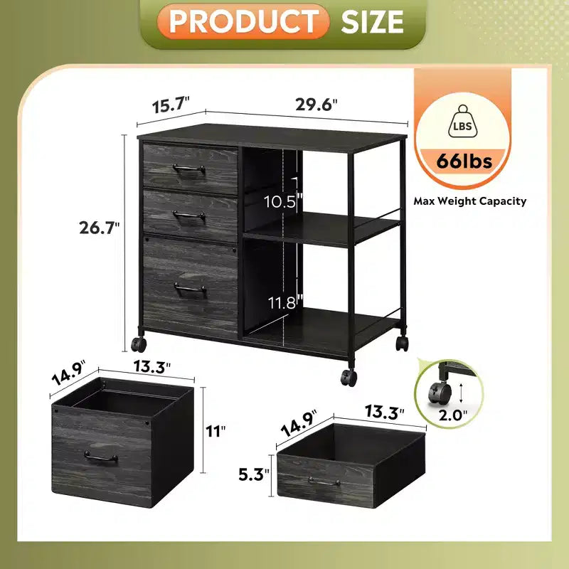 Meuble Classeur Mobile DEXYLLO à 3 Tiroirs, Desserte d'Imprimante Roulante avec Étagère de Rangement Ouverte pour Bureau à Domicile