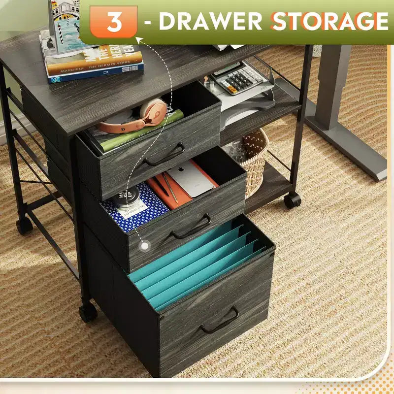 Meuble Classeur Mobile DEXYLLO à 3 Tiroirs, Desserte d'Imprimante Roulante avec Étagère de Rangement Ouverte pour Bureau à Domicile