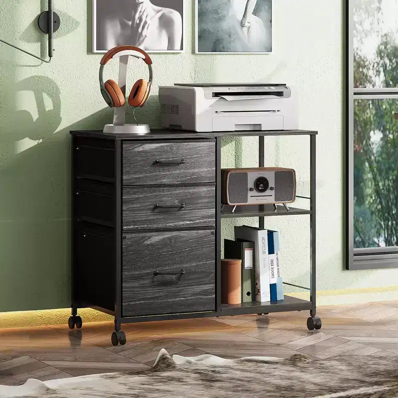 Meuble Classeur Mobile DEXYLLO à 3 Tiroirs, Desserte d'Imprimante Roulante avec Étagère de Rangement Ouverte pour Bureau à Domicile