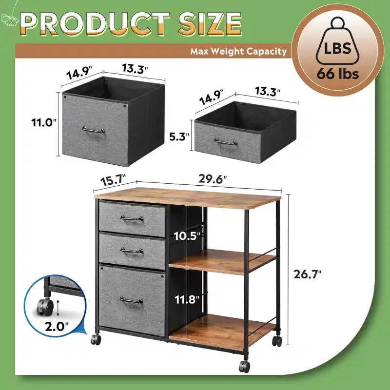 Meuble Classeur Mobile DEXYLLO à 3 Tiroirs, Desserte d'Imprimante Roulante avec Étagère de Rangement Ouverte pour Bureau à Domicile