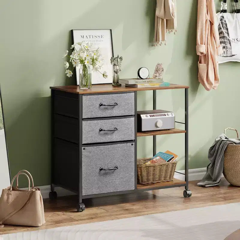Meuble Classeur Mobile DEXYLLO à 3 Tiroirs, Desserte d'Imprimante Roulante avec Étagère de Rangement Ouverte pour Bureau à Domicile