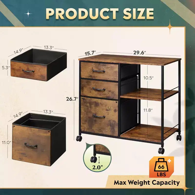 Meuble Classeur Mobile DEXYLLO à 3 Tiroirs, Desserte d'Imprimante Roulante avec Étagère de Rangement Ouverte pour Bureau à Domicile