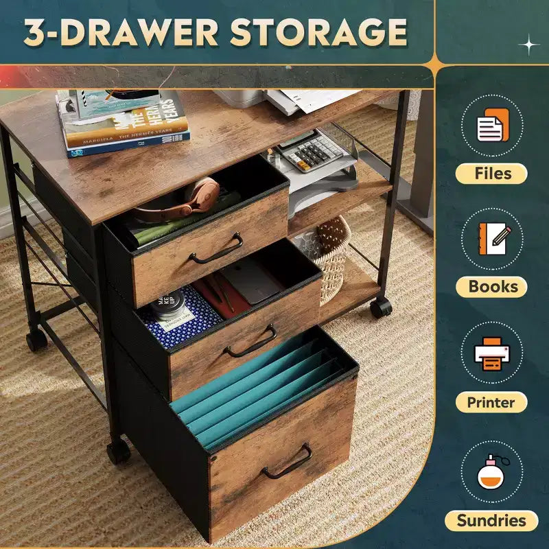 Meuble Classeur Mobile DEXYLLO à 3 Tiroirs, Desserte d'Imprimante Roulante avec Étagère de Rangement Ouverte pour Bureau à Domicile