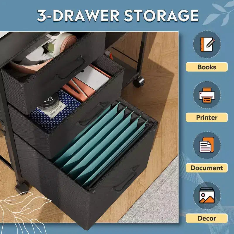 Meuble Classeur Mobile DEXYLLO à 3 Tiroirs, Desserte d'Imprimante Roulante avec Étagère de Rangement Ouverte pour Bureau à Domicile