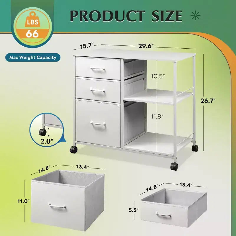 Meuble Classeur Mobile DEXYLLO à 3 Tiroirs, Desserte d'Imprimante Roulante avec Étagère de Rangement Ouverte pour Bureau à Domicile