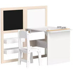 Ensemble Table et Chaises pour Enfants Qaba, Ensemble Table d'Art et Chaises 3 en 1 pour Enfants avec Étagères de Rangement, Tableau Noir, Tableau Blanc, Rouleau de Papier, pour 3-8 Ans, Blanc