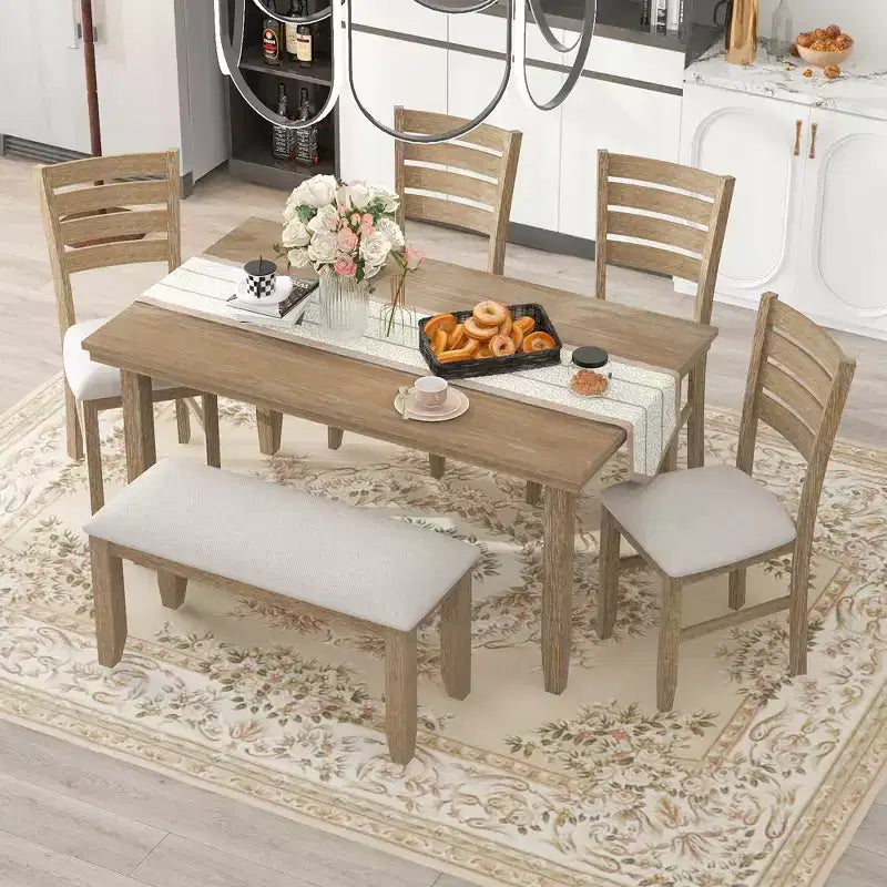 Ensemble de salle à manger rustique Whisen 6 pièces en bois avec 4 chaises et un banc