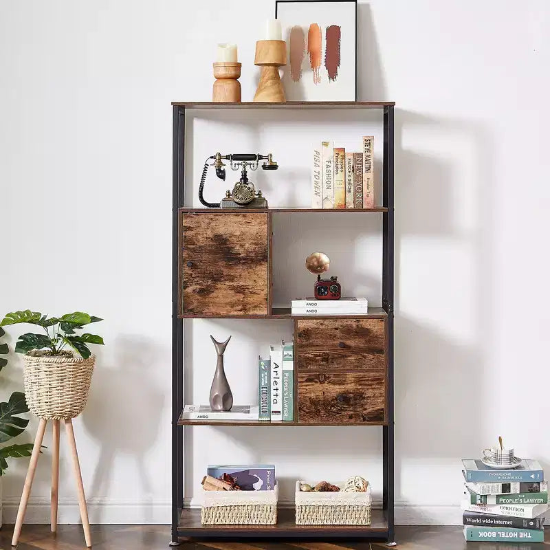 VECELO Étagère Bibliothèque de 157 cm de Haut, Étagère de Rangement Industrielle avec 2 Tiroirs, Bibliothèque à 5 Niveaux, Marron Classique