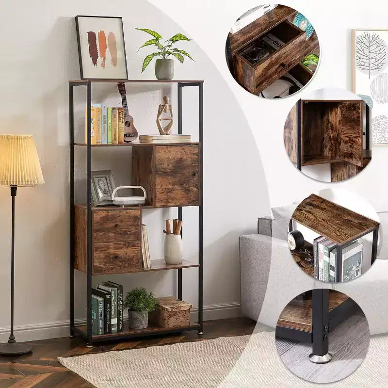 VECELO Étagère Bibliothèque de 157 cm de Haut, Étagère de Rangement Industrielle avec 2 Tiroirs, Bibliothèque à 5 Niveaux, Marron Classique