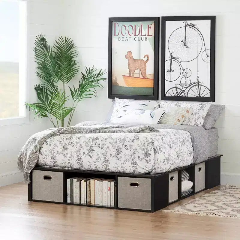 HomeStock Lit King Size Noir de 34,3 cm de haut avec plateformes (sans tête de lit) en panneaux de particules