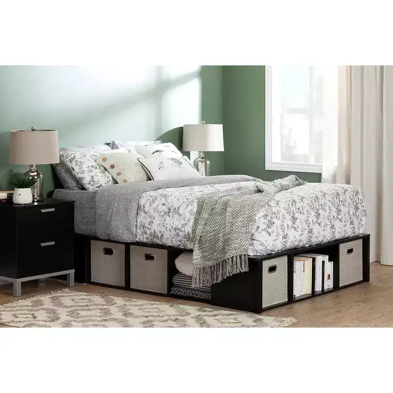 HomeStock Lit King Size Noir de 34,3 cm de haut avec plateformes (sans tête de lit) en panneaux de particules