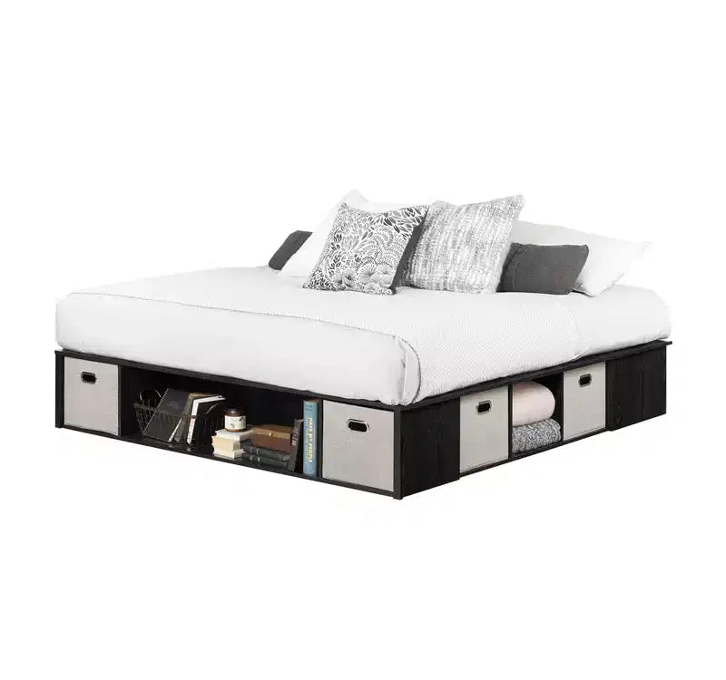 HomeStock Lit King Size Noir de 34,3 cm de haut avec plateformes (sans tête de lit) en panneaux de particules