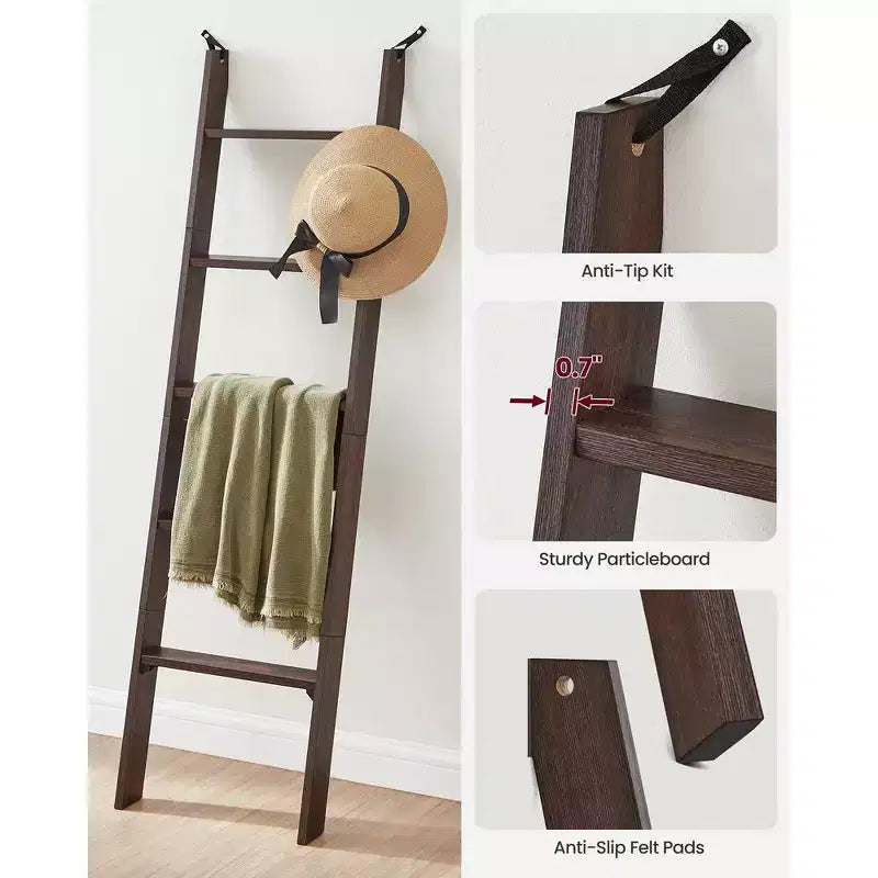 Échelle à couvertures décorative de style rustique pour le salon, étagère à 5 niveaux, porte-serviettes pour le rangement et la décoration