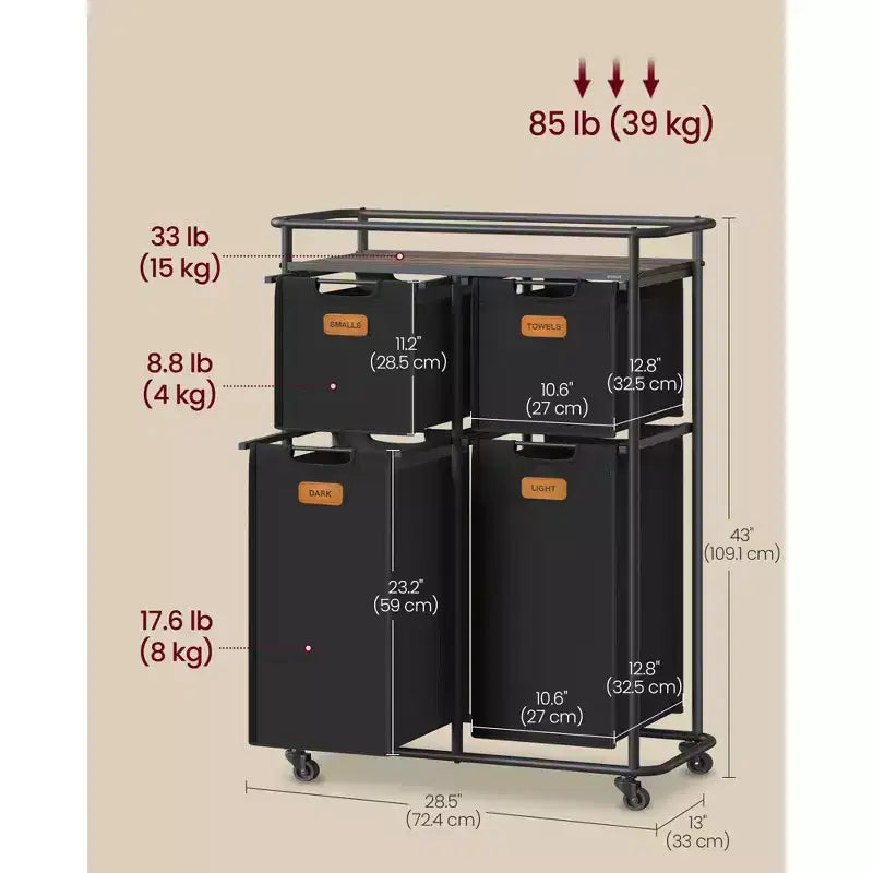 VASAGLE Trieur à Linge, Panier à Linge avec Roues, 150 L, Chariot à Linge Portable, Noir Encre