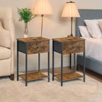 Lot de 2 tables de chevet avec tiroir en tissu et étagère de rangement – Tables d'appoint de 61 cm de haut pour chambre ou salon, marron rustique et noir