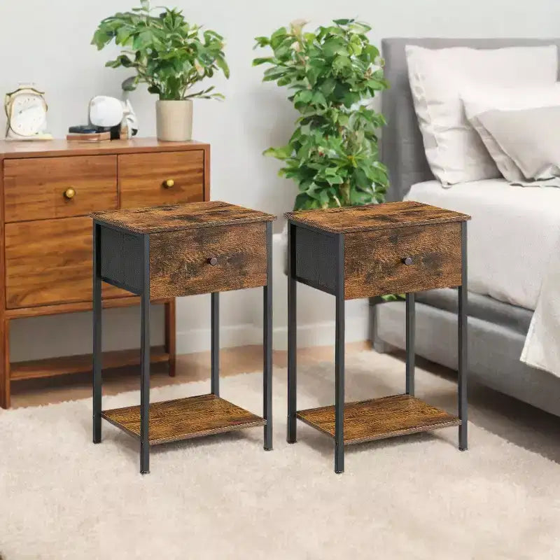 Lot de 2 tables de chevet avec tiroir en tissu et étagère de rangement – Tables d'appoint de 61 cm de haut pour chambre ou salon, marron rustique et noir