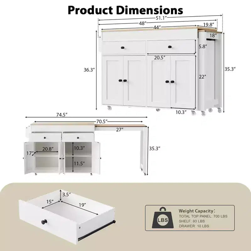 Îlot de cuisine extensible Whisen Modern avec étagère à épices, 2 tiroirs et meuble à 4 portes