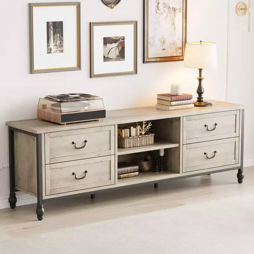 70inch TV Stand, Mid Century Modern TV Stand with Drawer, Entertainment Center with Metal Roman Columns&Handle, TV Cabinet for Living Room-Rustic Grey