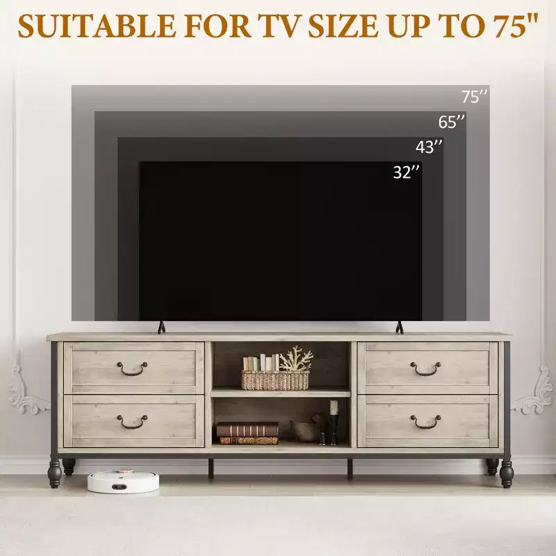 Meuble TV de 177 cm, meuble TV moderne du milieu du siècle avec tiroir, meuble de divertissement avec colonnes et poignées romaines en métal, meuble TV pour salon - Gris rustique