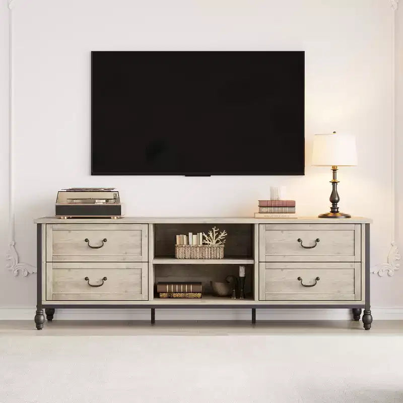 Meuble TV de 177 cm, meuble TV moderne du milieu du siècle avec tiroir, meuble de divertissement avec colonnes et poignées romaines en métal, meuble TV pour salon - Gris rustique