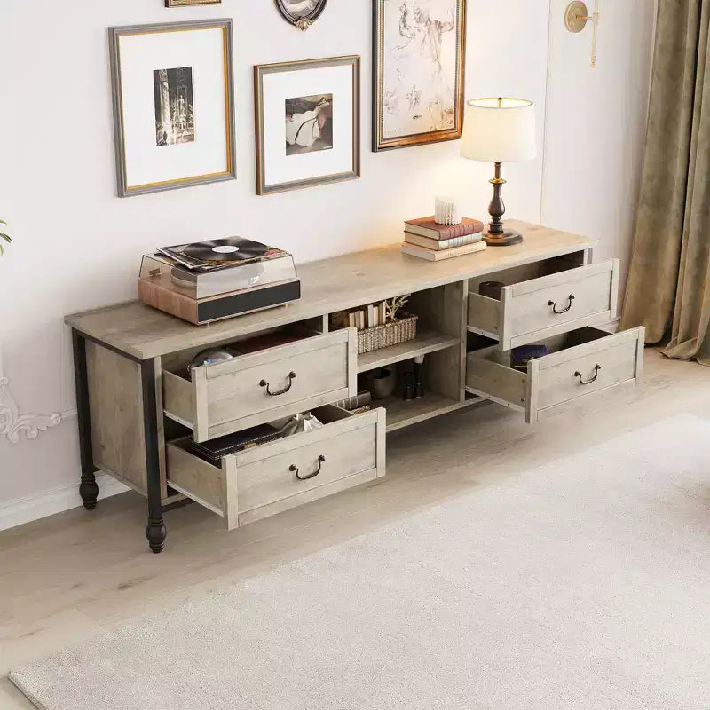Meuble TV de 177 cm, meuble TV moderne du milieu du siècle avec tiroir, meuble de divertissement avec colonnes et poignées romaines en métal, meuble TV pour salon - Gris rustique