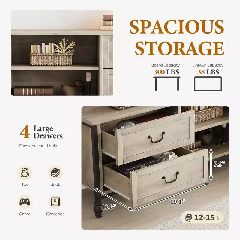 Meuble TV de 177 cm, meuble TV moderne du milieu du siècle avec tiroir, meuble de divertissement avec colonnes et poignées romaines en métal, meuble TV pour salon - Gris rustique