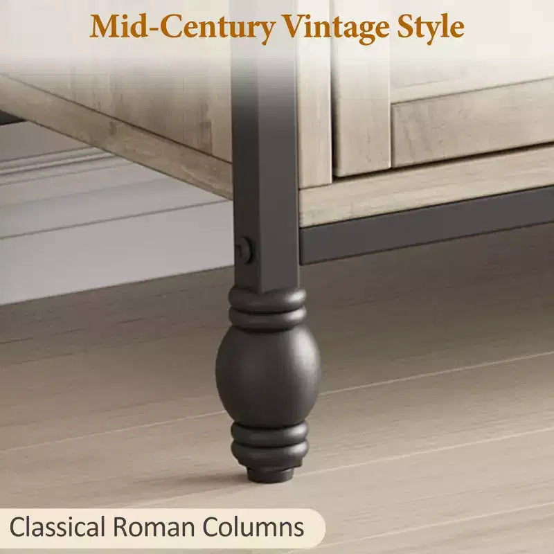 Meuble TV de 177 cm, meuble TV moderne du milieu du siècle avec tiroir, meuble de divertissement avec colonnes et poignées romaines en métal, meuble TV pour salon - Gris rustique
