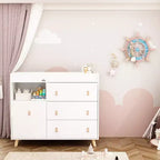 Famapy Baby Changing Table With leather Pulls Large Worktop Three Drawers Rich Storage Space Storage Cabinet