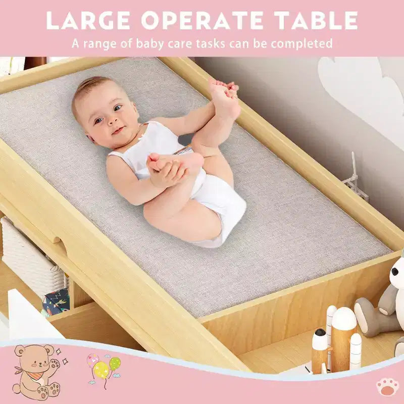 Table à langer Famapy avec poignées en cuir, grand plan de travail, trois tiroirs, grand espace de rangement, armoire de rangement