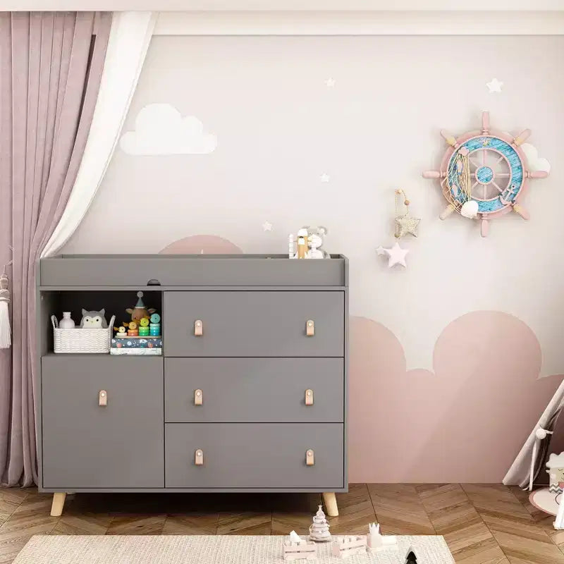 Table à langer Famapy avec poignées en cuir, grand plan de travail, trois tiroirs, grand espace de rangement, armoire de rangement