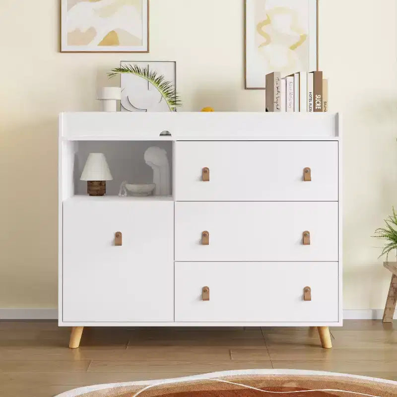 Table à langer Famapy avec poignées en cuir, grand plan de travail, trois tiroirs, grand espace de rangement, armoire de rangement