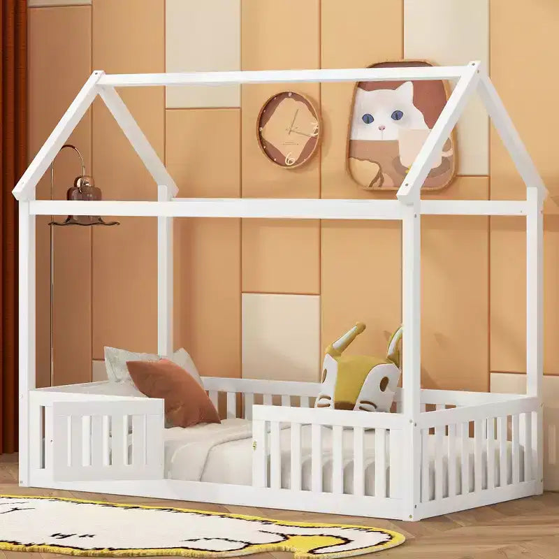 Lit cabane en bois double/complet avec clôture et porte 4N - ModernLuxe