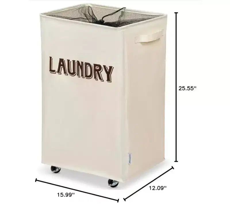 Panier à linge Wondersome avec roues - Crème style ferme - Grand chariot à linge pliable de 90 litres - Robuste